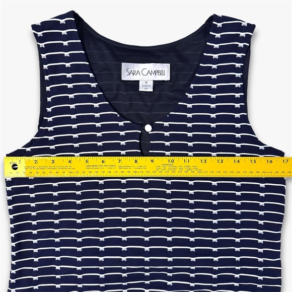 Sara Campbell Navy Stripe Shift Dress Tassel Fringe Hem Fully Lined Stretch M - Picture 6 of 13